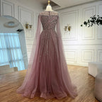 Luxury Beaded A-Line Cape Sleeves Round Neck Modest Evening Dress CLA72994
