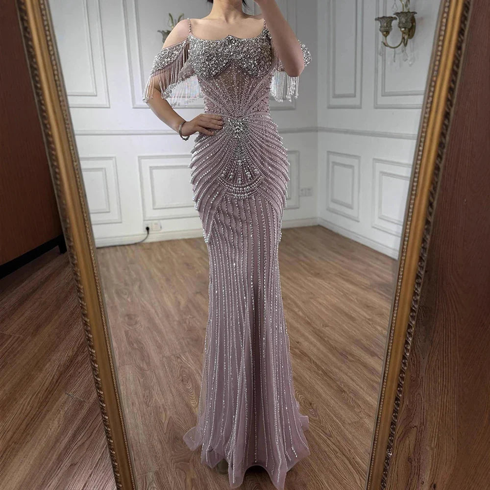Luxury Sage Green Pearls Beaded Mermaid Evening Dress Off Shoulder CLA73148