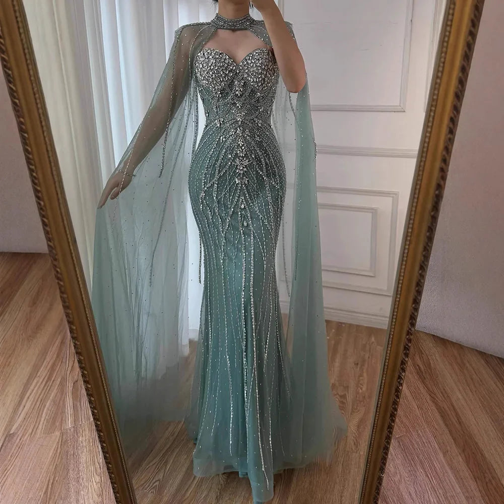 Luxury Turquoise Beaded Cape Sleeve Saudi Arabic Evening Dress LA73136A