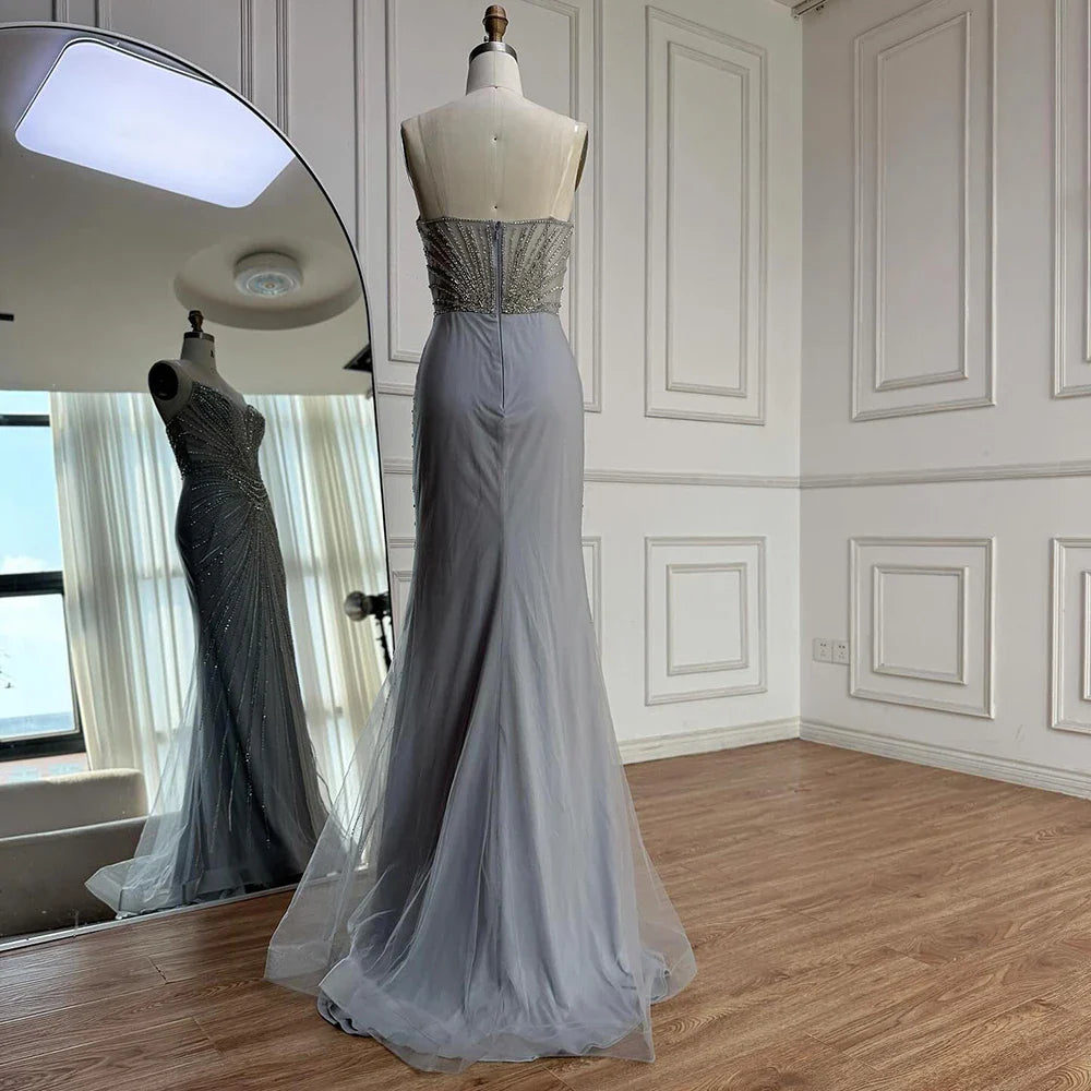 Luxury Nude Beaded Mermaid Detachable Cape Evening Dress With Overskirt CLA73182