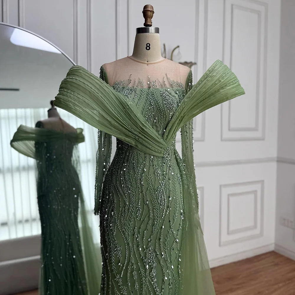Arabic Luxury Elegant Sage Green Beaded Long Sleeves Evening Dress CLA72928