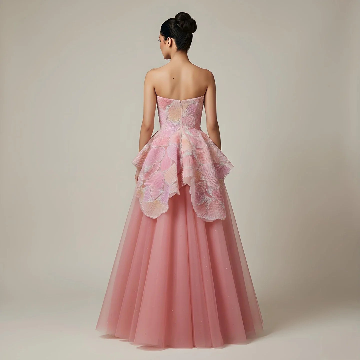 Luxury Peach Floral Appliqué A-Line Sparkly Evening Dress LA73185
