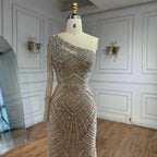 Luxury Nude One Shoulder Long Sleeve Beaded Evening Dress CLA73180