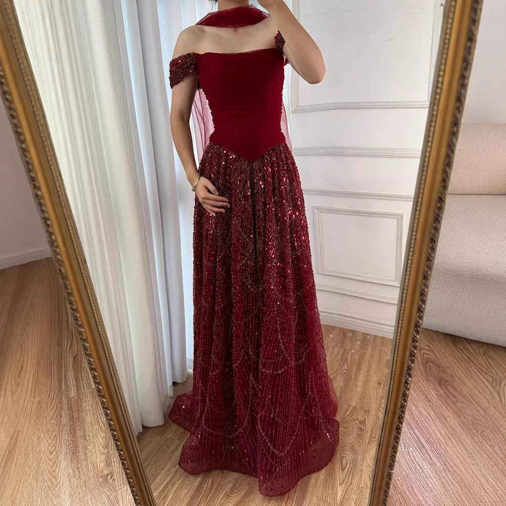 Simple Arabic Pink Pearls Beaded Evening Dress With Shawl CLA72922