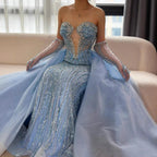 Luxury Blue Mermaid Evening Dress With Gloves And Overskirt CLA72582