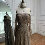 Luxury Caramel Off Shoulder Beaded Mermaid Evening Dress Long Sleeves CLA73053