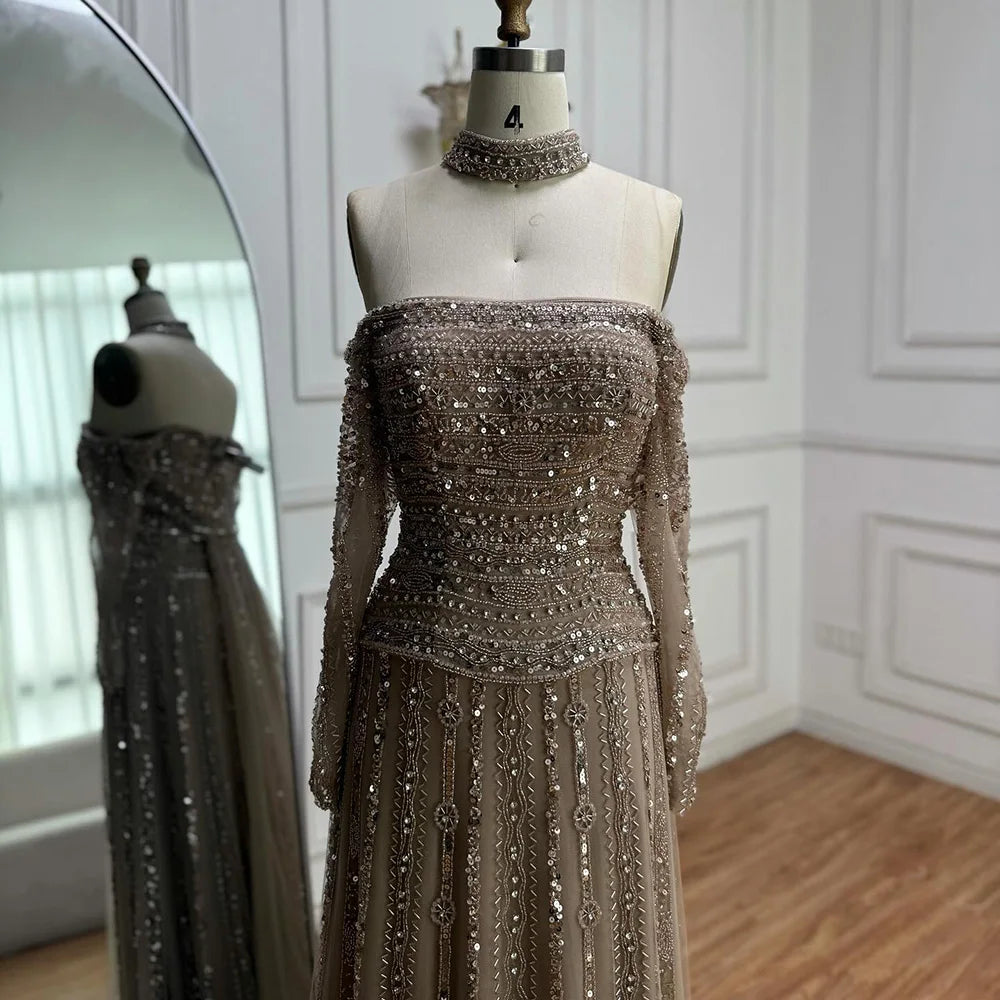 Luxury Caramel Off Shoulder Beaded Mermaid Evening Dress Long Sleeves CLA73053