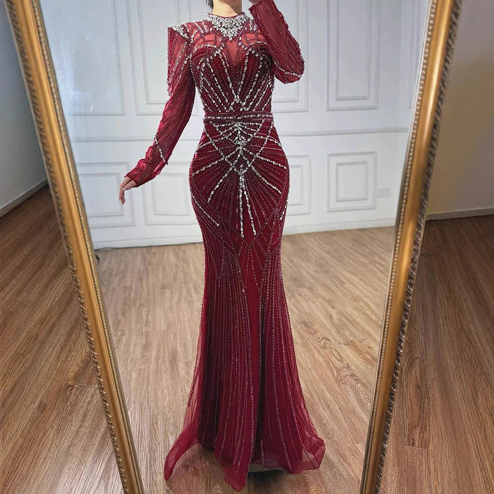 Modest Caramel High Collar Evening Dress For Women Wedding Party CLA73203