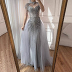 Luxury Nude Beaded Mermaid Detachable Cape Evening Dress With Overskirt CLA73182