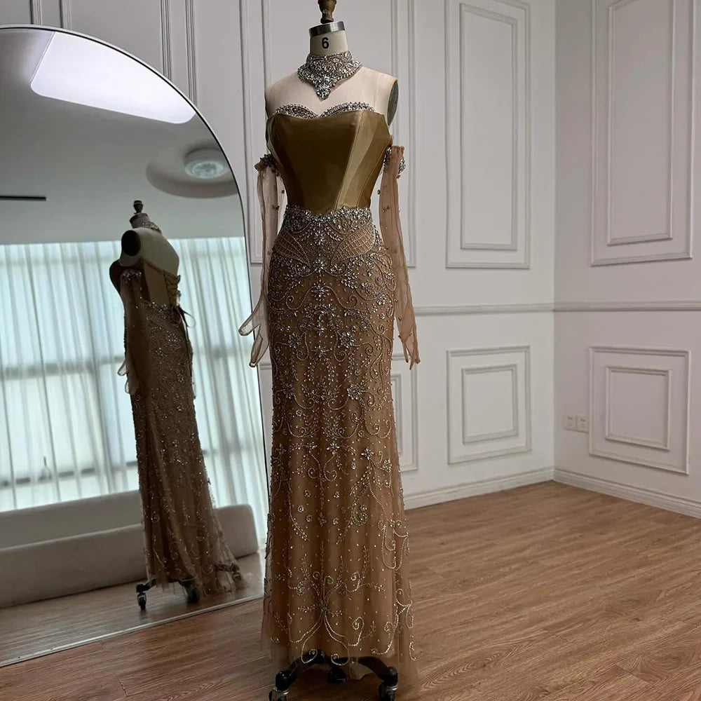 Kosovo Luxury Beaded Evening Dress With Gloves CLA72929