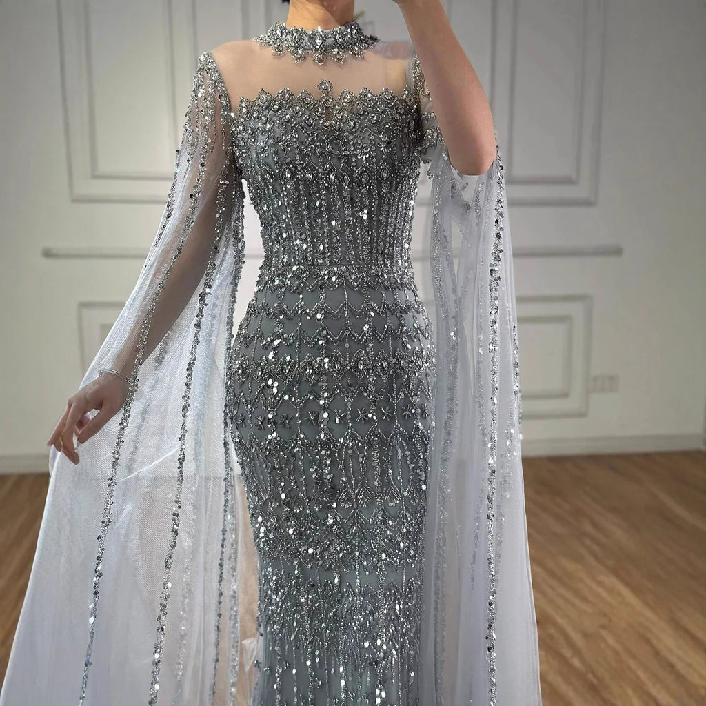 Arabic Luxury Beaded Mermaid Evening Dress Modest High Neck Cape Sleeves CLA72714A
