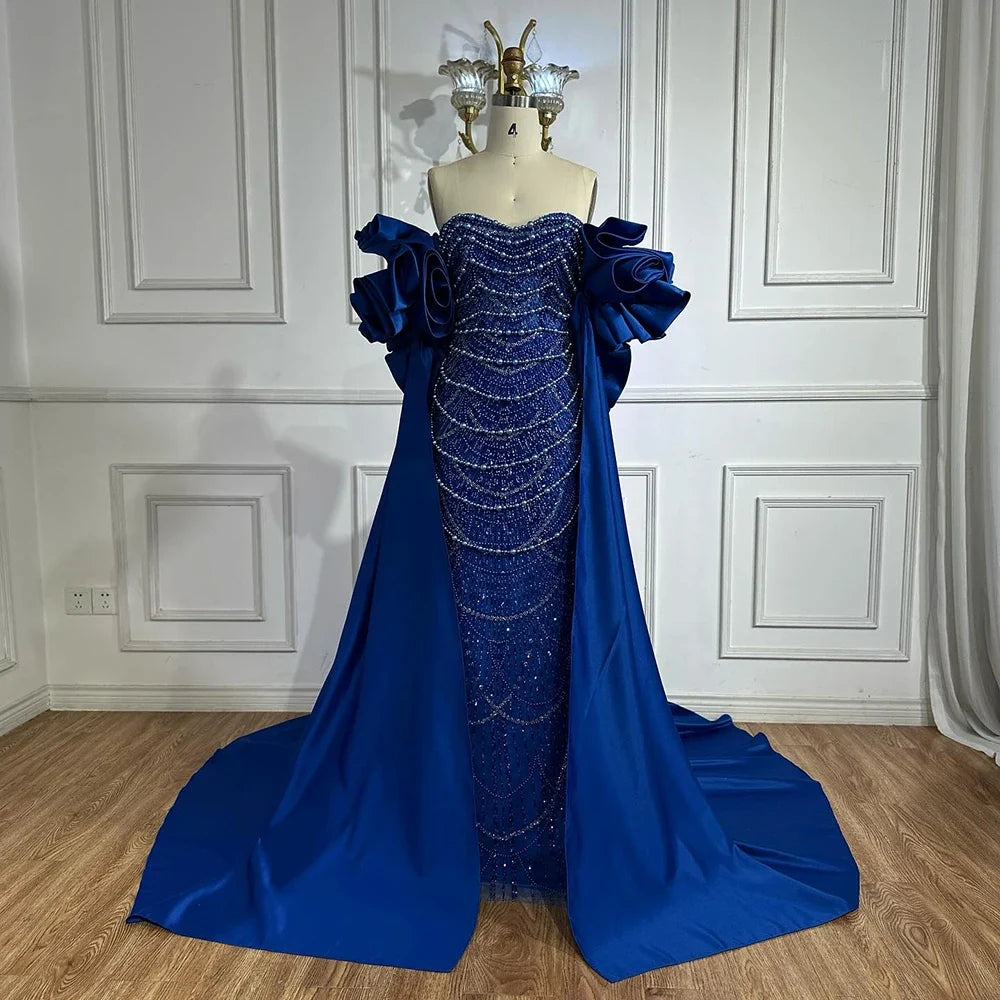 Arabic Luxury Pearls Strapless Mermaid With Cape Evening Dress CLA72585A