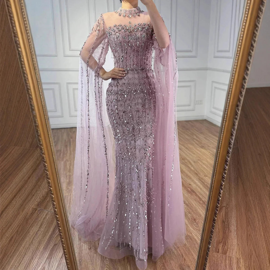 Arabic Luxury Beaded Mermaid Evening Dress Modest High Neck Cape Sleeves CLA72714A