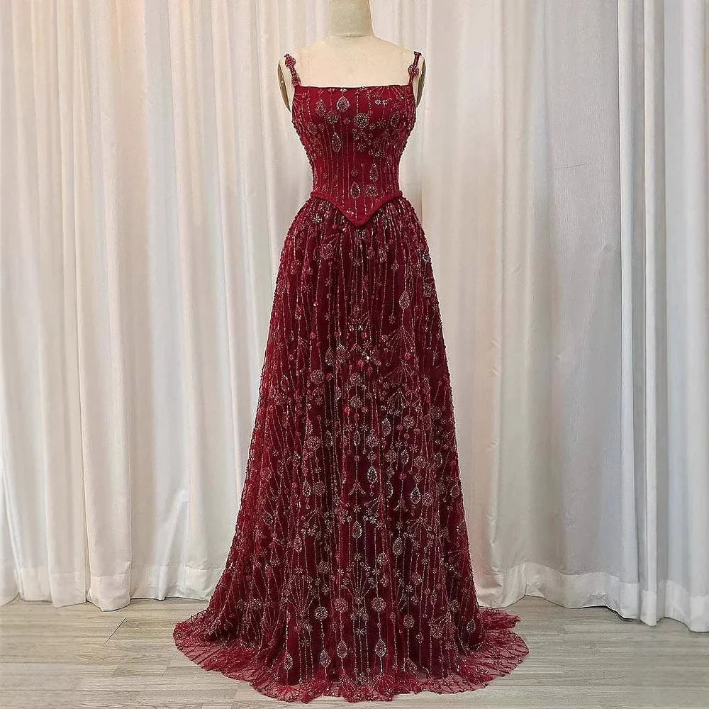 Luxury Sage Green Beaded A-Line Spaghetti Straps Evening Dress CLA72805