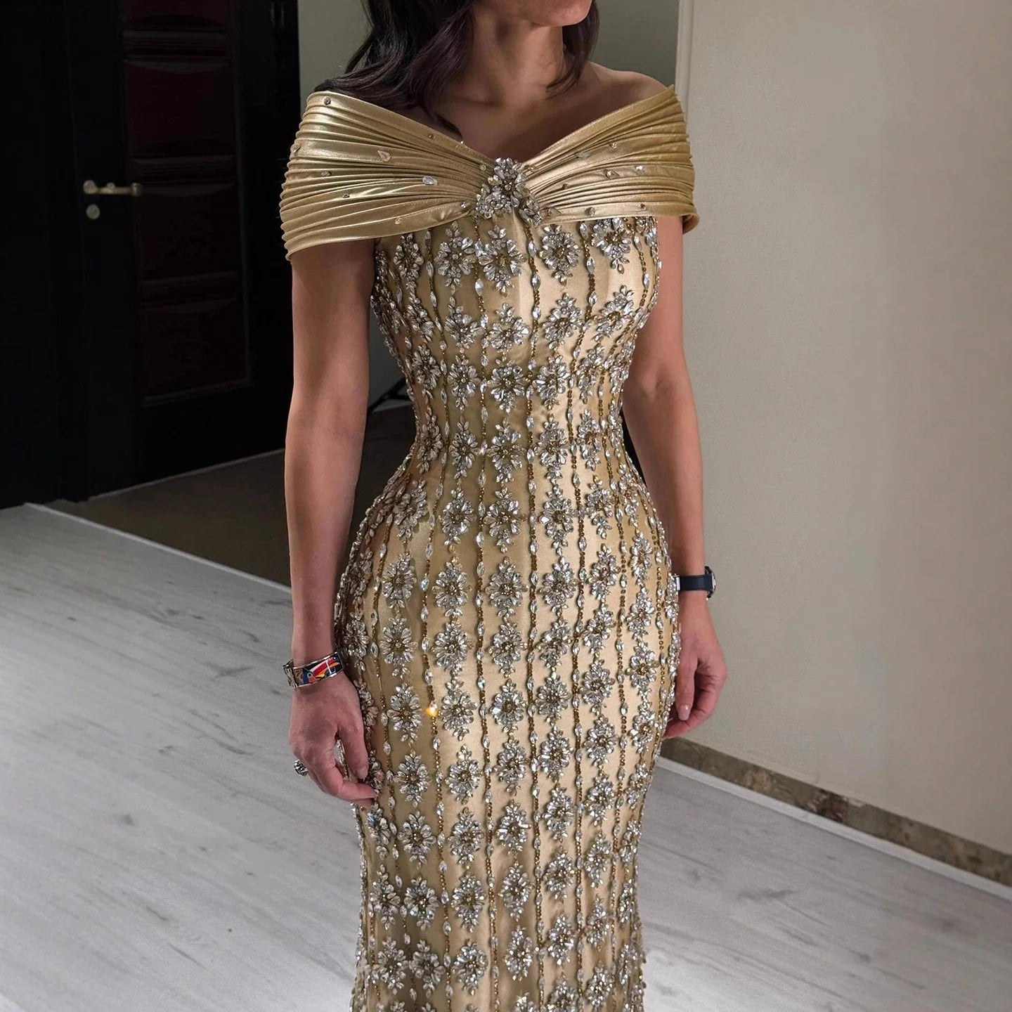 Arabic Luxury Gold Beaded Mermaid Evening Dress CLA73362