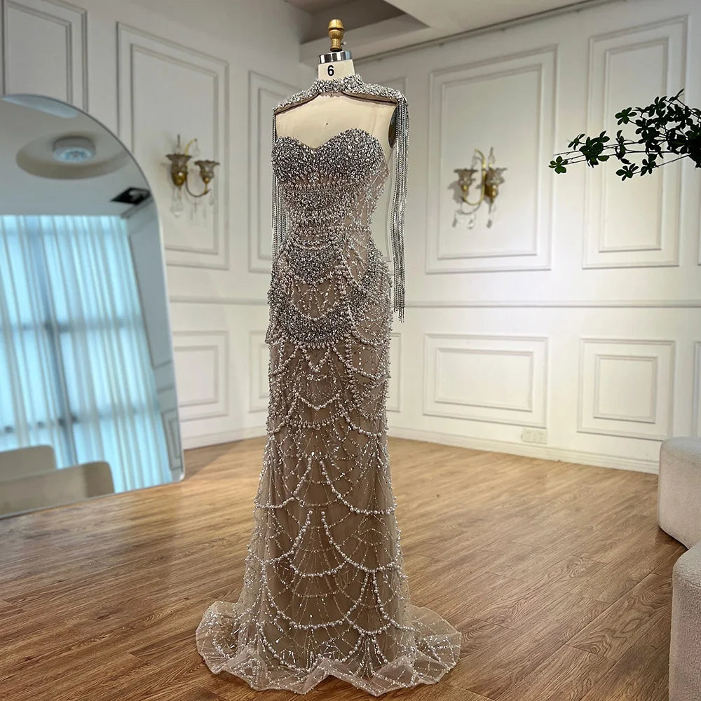 Kosovo Luxury Beaded Pearls Tassels Nude Evening Dress With Short Cape CLA72876