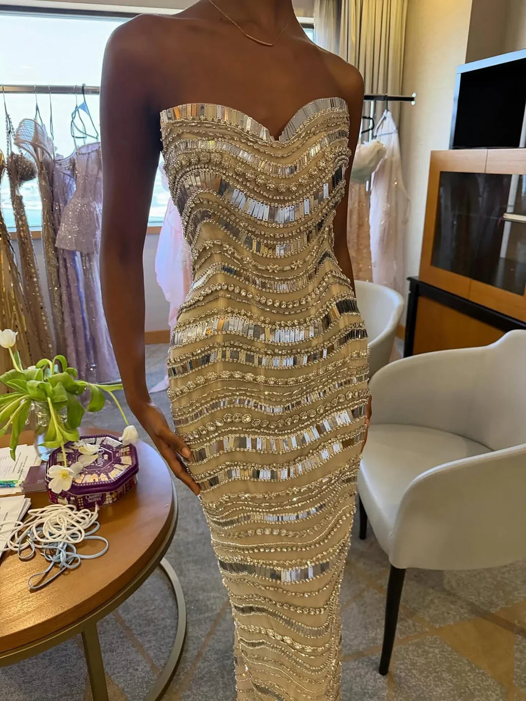 Kosovo Luxury Diamonds Full Beaded Mermaid Evening Dress Strapless Women Red Carpet Gown CLA73449