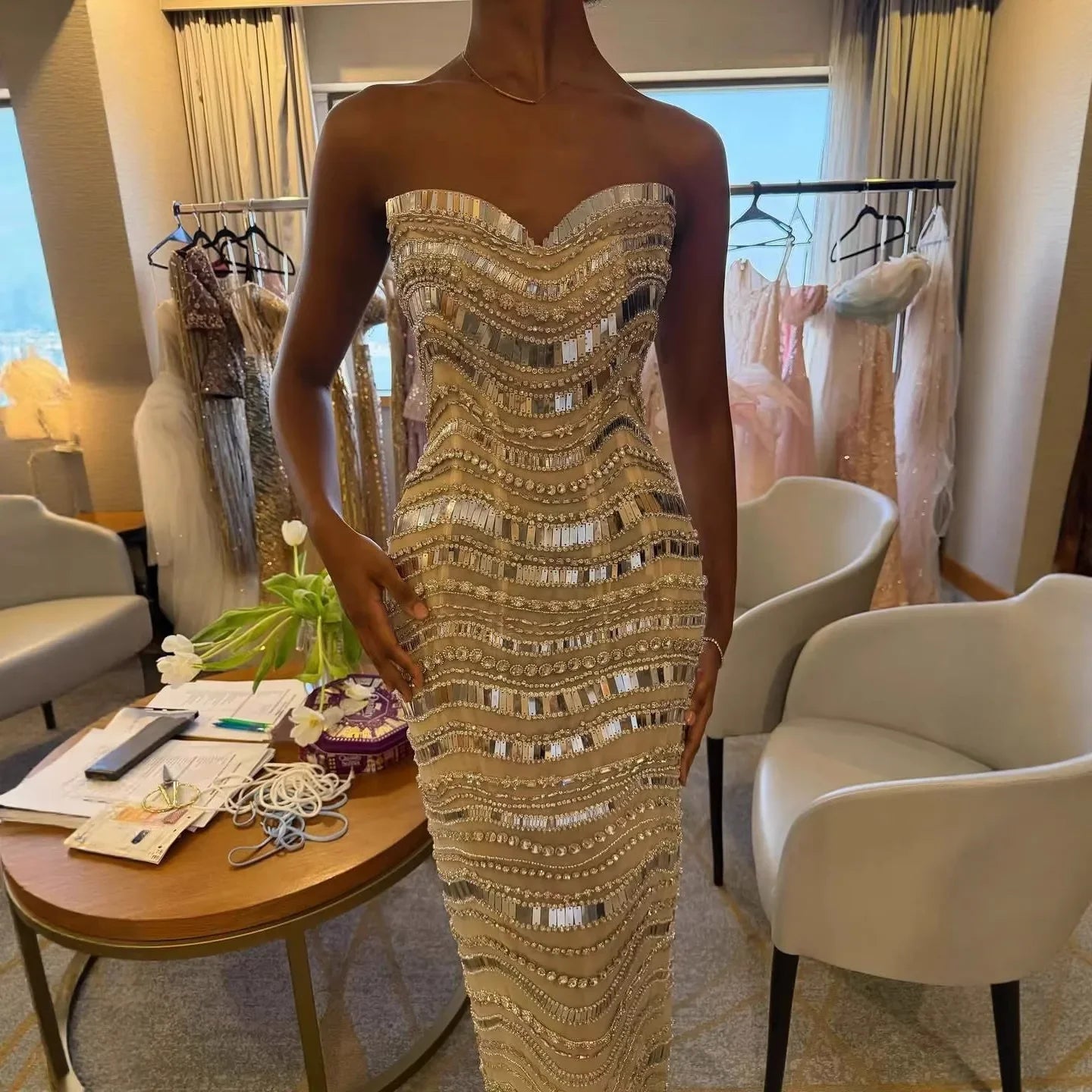 Kosovo Luxury Diamonds Full Beaded Mermaid Evening Dress Strapless Women Red Carpet Gown CLA73449