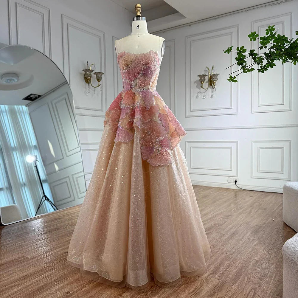 Luxury Peach Floral Appliqué A-Line Sparkly Evening Dress LA73185