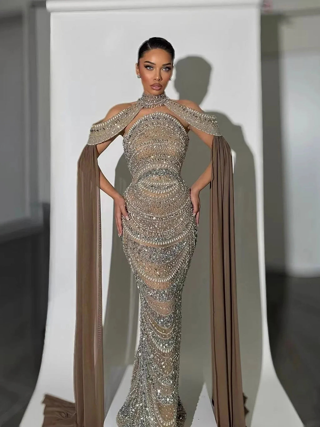 Luxury Caramel Kosovo Beaded Evening Dress Cape Sleeves CLA73344