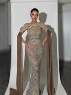 Luxury Caramel Kosovo Beaded Evening Dress Cape Sleeves CLA73344