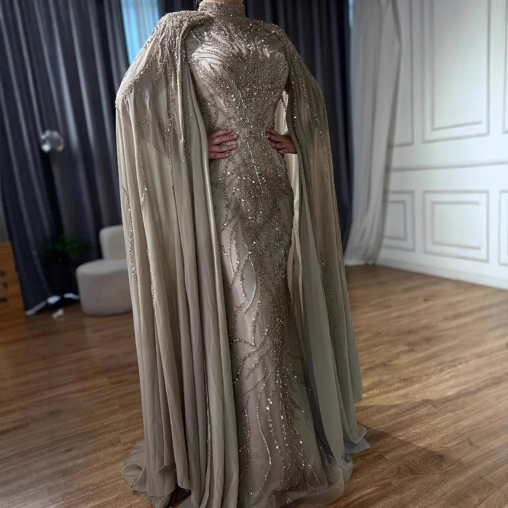 Modest Muslim Pink Evening Dress With Cape Long Sleeves CLA72413A