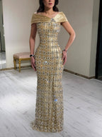 Arabic Luxury Gold Beaded Mermaid Evening Dress CLA73362