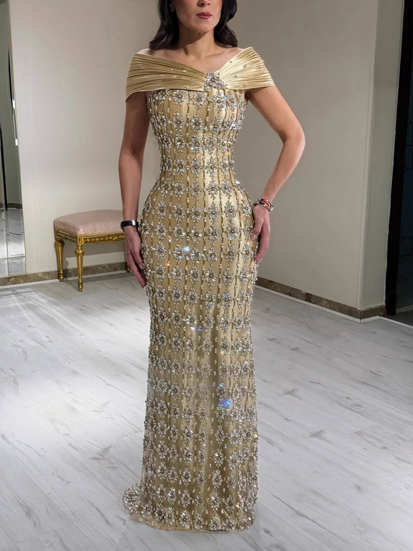 Arabic Luxury Gold Beaded Mermaid Evening Dress CLA73362