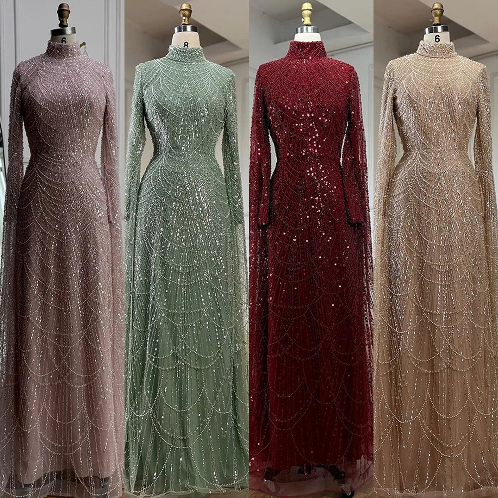 Arabic Modest For Muslim Women Hijab A-Line Cape Sleeves Evening Dress CLA72591