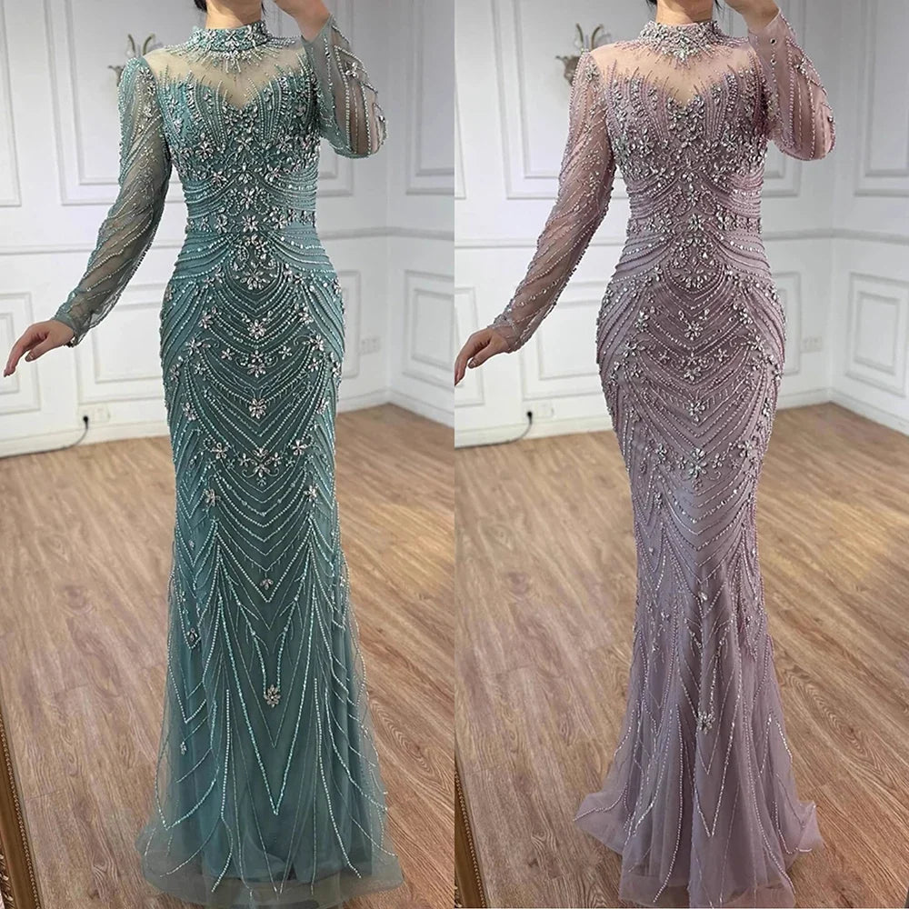 Luxury Nude Beaded Long Sleeves Modest Muslim Mermaid Evening Dress CLA73158