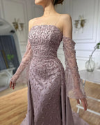 Dubai Luxury Blue Beaded Pearls Evening Gown with Overskirt CLA72705