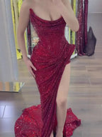 Luxury Evening Dress Burgundy Beaded High Slit Draped Mermaid Gown CLA73390