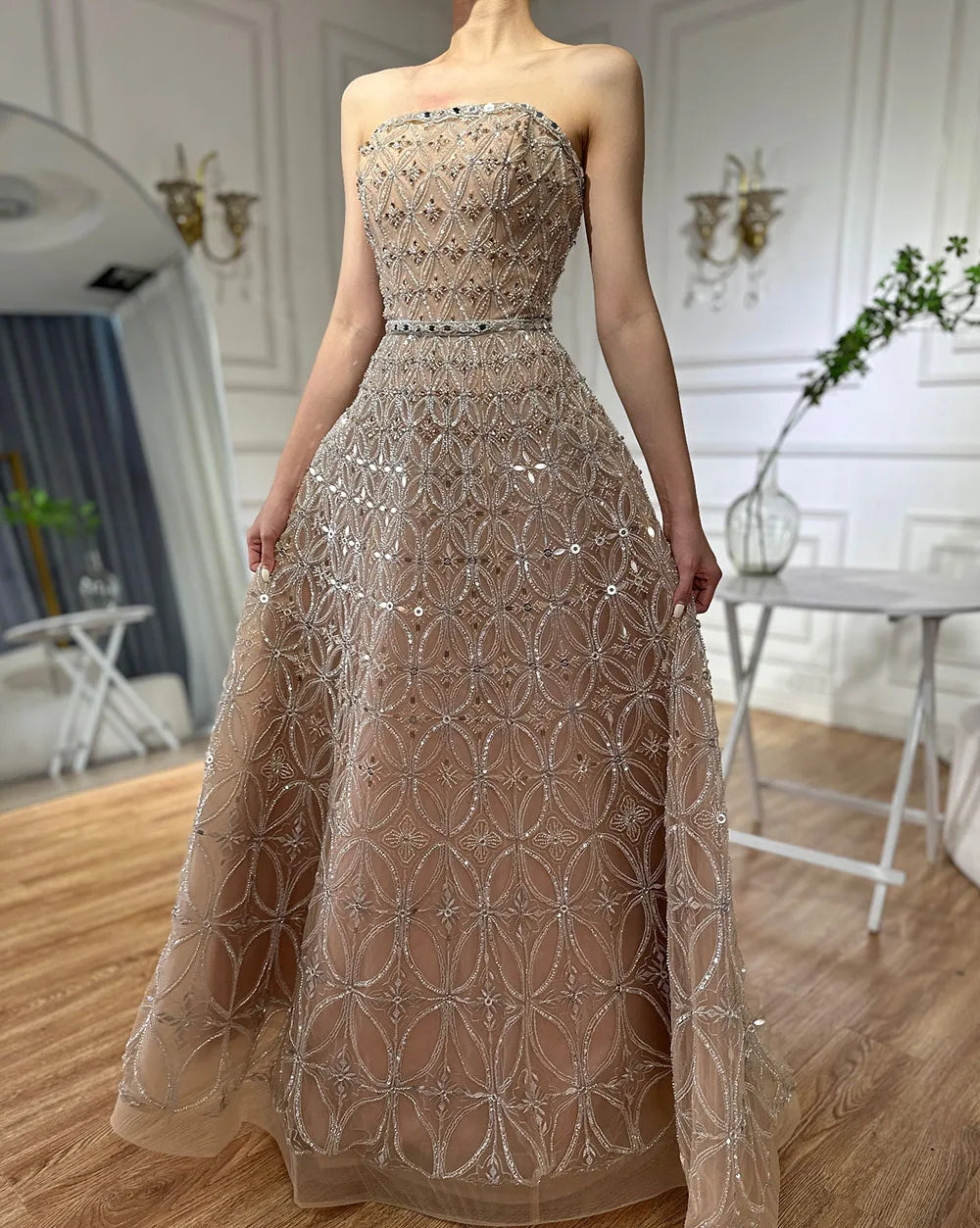 Luxury Dubai Arabic Gray A-Line Elegant Beaded Strapless Evening Dresses Gowns For Formal Occasion CLA72755