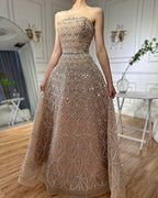 Luxury Dubai Arabic Gray A-Line Elegant Beaded Strapless Evening Dresses Gowns For Formal Occasion CLA72755