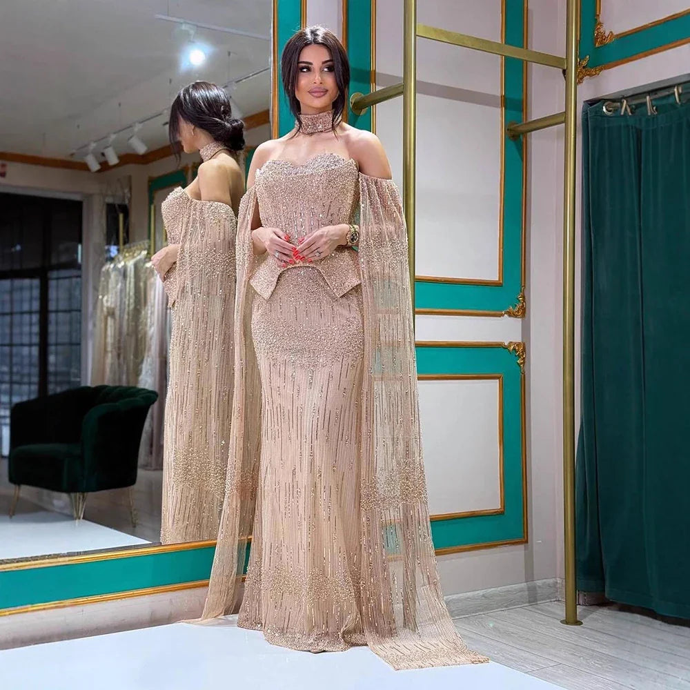 Luxury Rose Gold Beaded Off-Shoulder Evening Dress With Cape Sleeves CLA73076