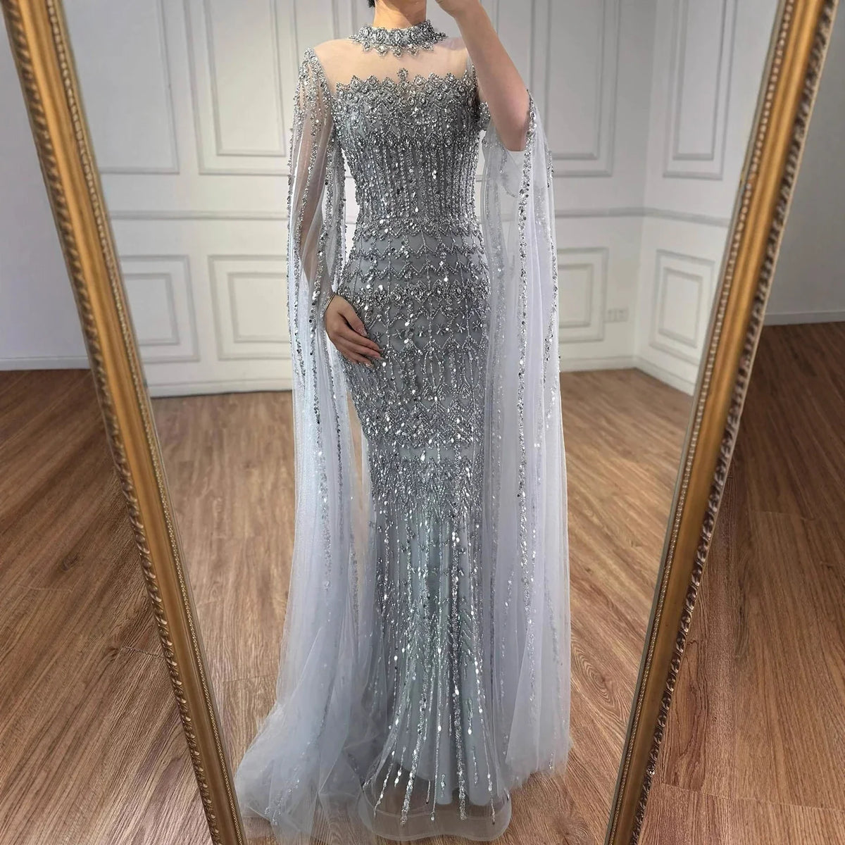 Arabic Luxury Beaded Mermaid Evening Dress Modest High Neck Cape Sleeves CLA72714A