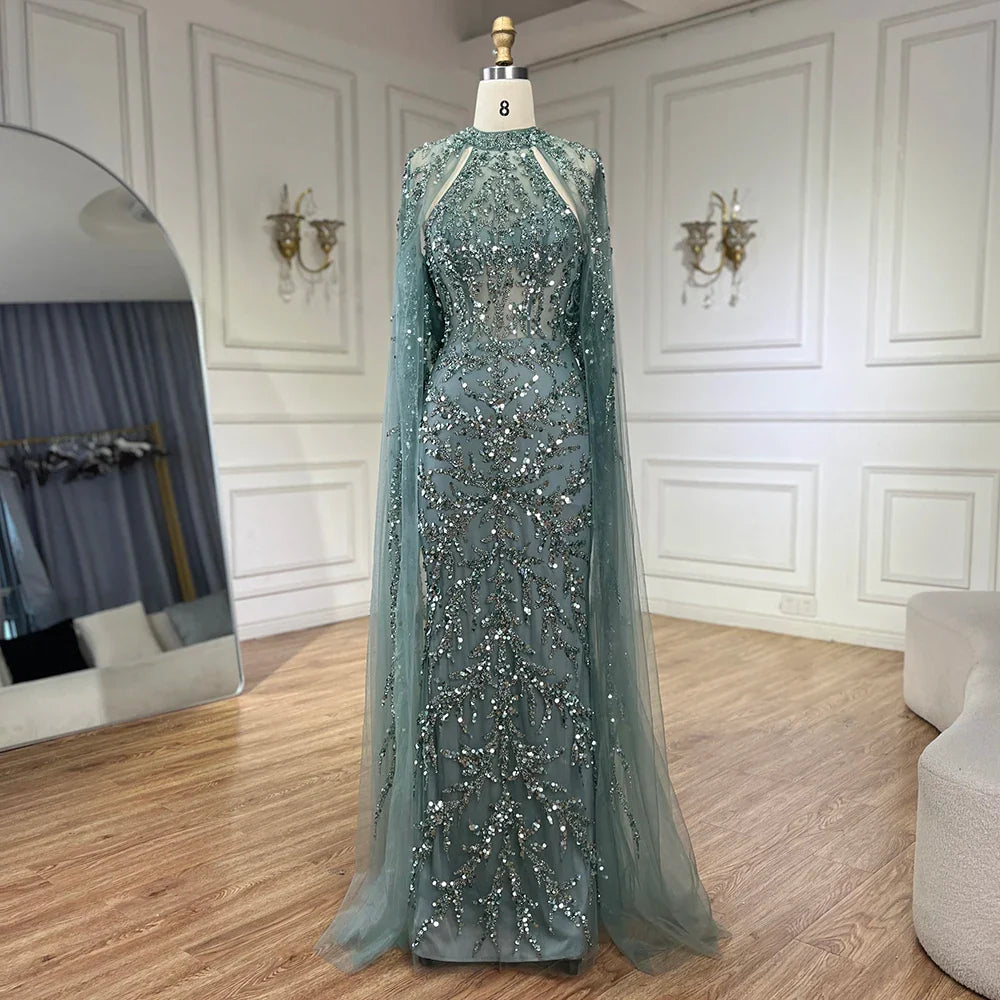 Arabic Luxury Beaded Mermaid Evening Dress Cape Sleeves For Women Wedding Party CLA72652