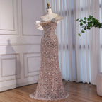 Luxury Nude Beaded Off Shoulder Mermaid Evening Dress CLA73365A