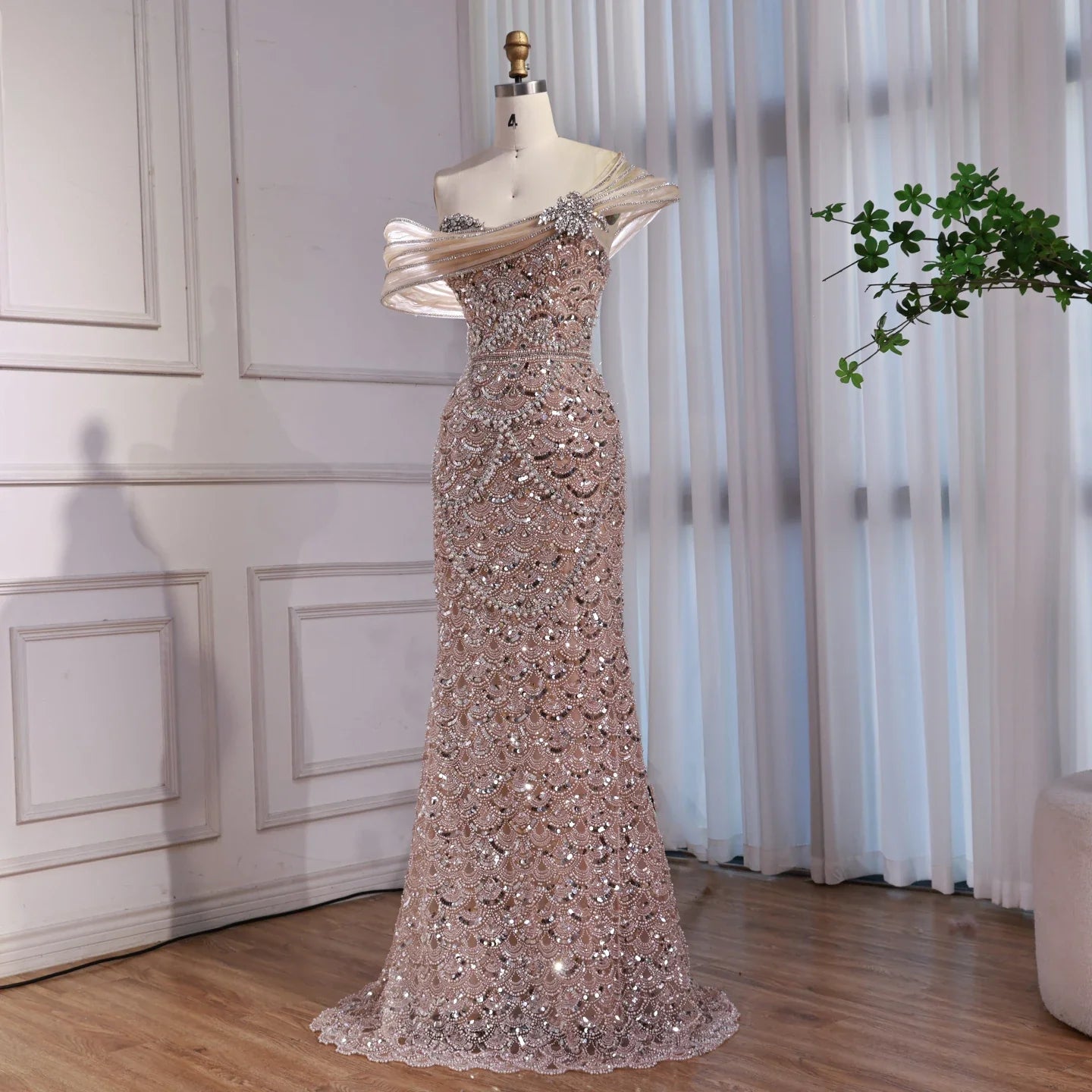 Luxury Nude Beaded Off Shoulder Mermaid Evening Dress CLA73365A