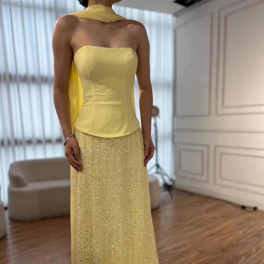 Simple Yellow Mermaid Evening Dress With Shawl CLA73007
