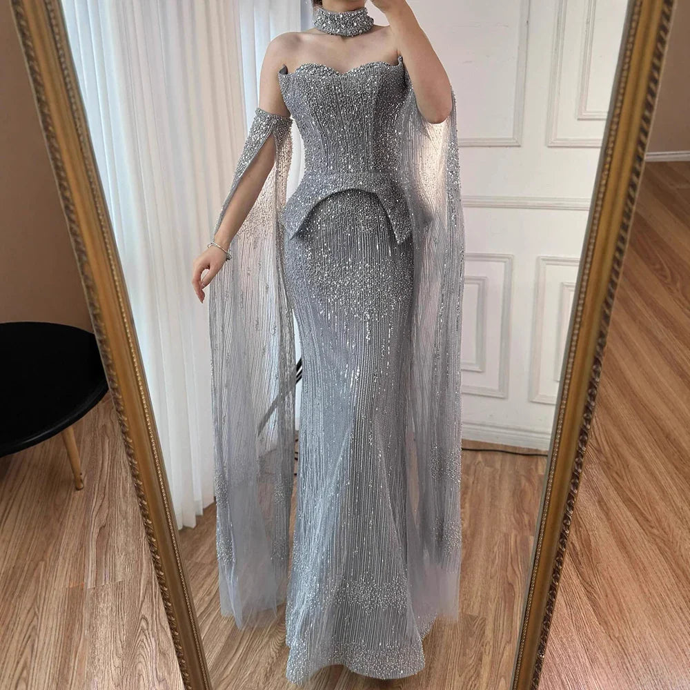 Luxury Rose Gold Beaded Off-Shoulder Evening Dress With Cape Sleeves CLA73076