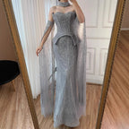 Luxury Rose Gold Beaded Off-Shoulder Evening Dress With Cape Sleeves CLA73076