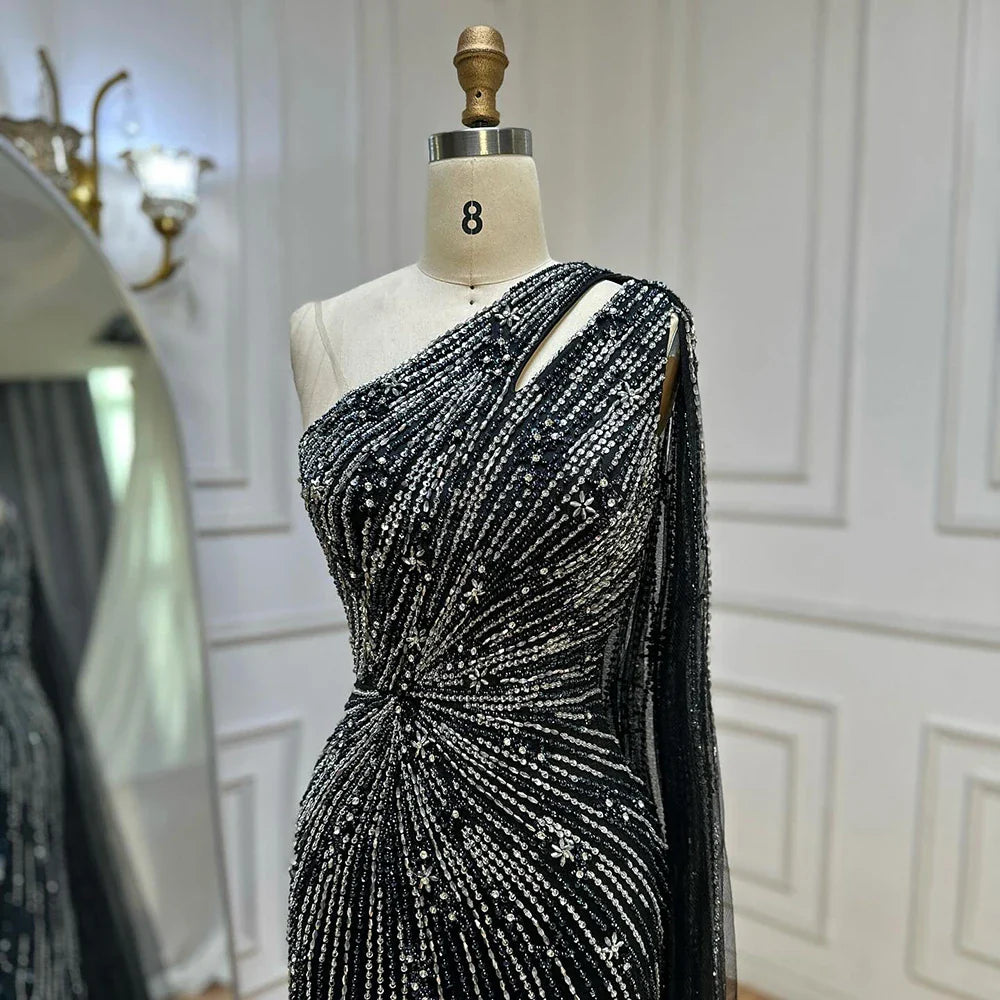 Luxury Black One Shoulder Mermaid Evening Dress with High Slit CLA72829