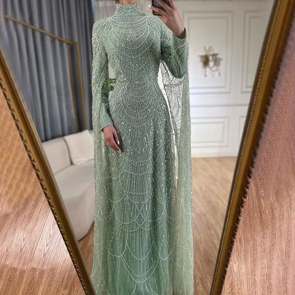 Arabic Modest For Muslim Women Hijab A-Line Cape Sleeves Evening Dress CLA72591