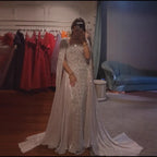 Luxury Nude Dubai Crystal Cape Sleeves A-Line Evening Dress CLA73272