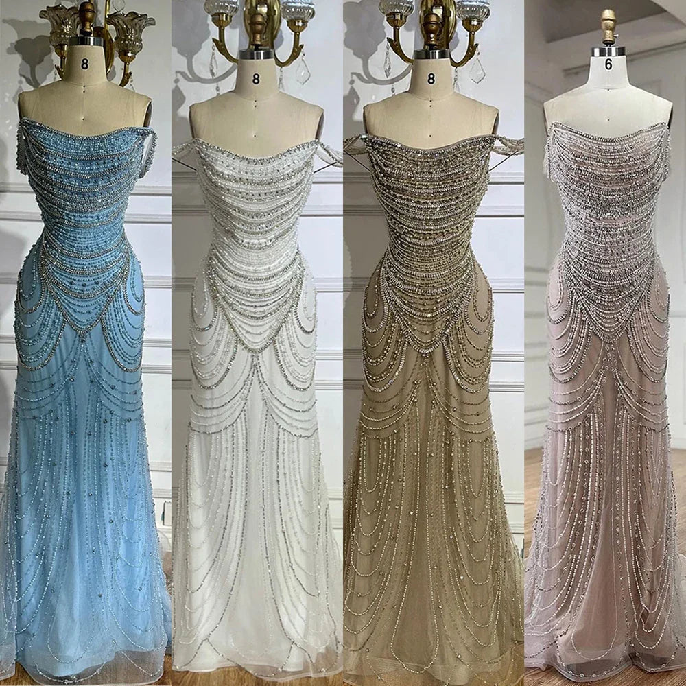 Kosovo Luxury Pearls Beaded Mermaid Off Shoulder Elegant Evening Dress CLA72253