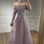 Luxury Nude Sliver Off Shoulder Beaded Crystal A-Line Evening Dress CLA73122