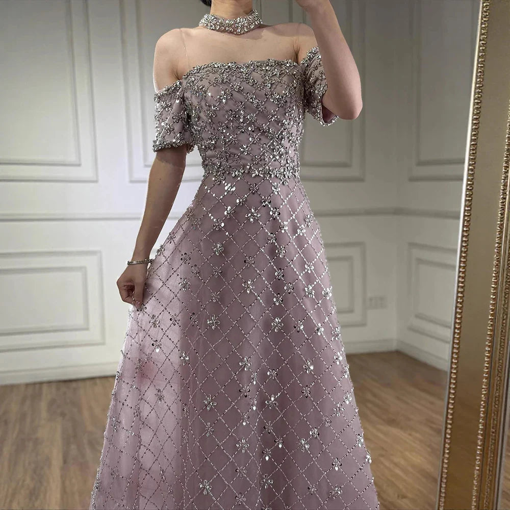 Luxury Nude Sliver Off Shoulder Beaded Crystal A-Line Evening Dress CLA73122