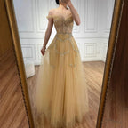 Luxury Sage Green Beaded A-Line Off-Shoulder Evening Dress CLA72605