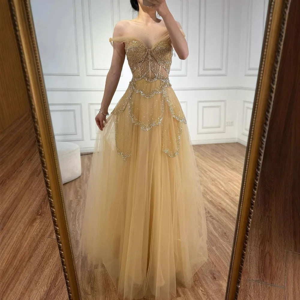 Luxury Sage Green Beaded A-Line Off-Shoulder Evening Dress CLA72605